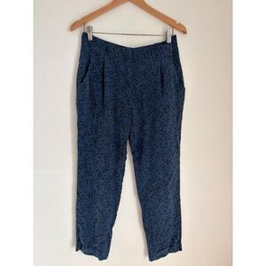 Theory Navy Blue Black Abstract Animal‎ Print Pleated Cuffed Trousers Size 8